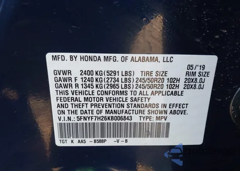 2019 Honda Passport Sport from USA, damaged, VIN 5FNYF7H26KB006843